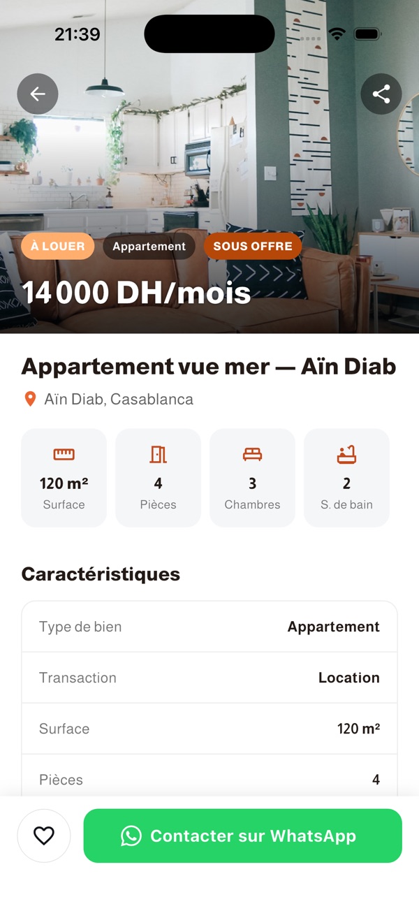 Fiche d'annonce Misahat : prix, caractéristiques et bouton Contacter sur WhatsApp